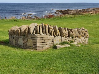 Landscape with historic stone walls in the parish of Birsay, Isle Mainland, Orkney Islands, Scotland, United Kingdom