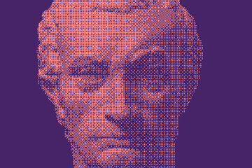 Modern creative colored graphic sculpture with dark background . Digital texture with antique statue head in bitmap style. Contemporary art poster. Funky unusual design. Fashion aesthetic culture.