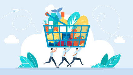 Vendors carry a basket of food. Fast delivery of fresh products. Tiny characters rush to the customer. Shopping cart full of delicious food. Food store, shop, supermarket. Flat business design.