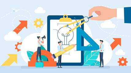 Idea generation. Office stationery and tools. Folder with a drawing. Сompass, protractor, pencil, triangle. Drawing tools illustration. Tiny characters work in a team. Flat design illustration