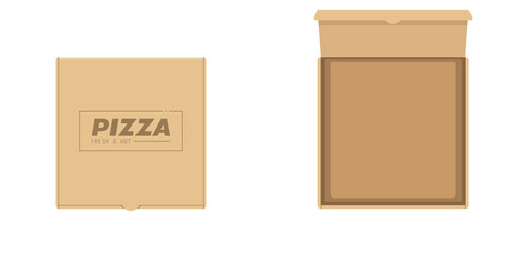 Cardboard pizza box. Opened and closed box with shadows and text. Pizza empty container template. Pizzeria packaging vector illustration. 