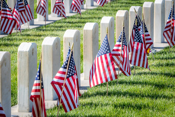 Military Headstones and Gravestones Decorated With Flags for Memorial Day