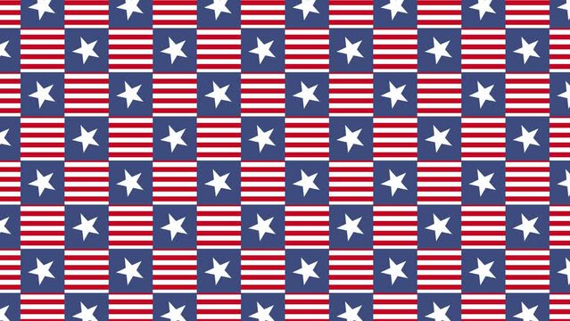 Animated stars pattern in multicolor grid. Trendy seamless loop patriotic animated background. Simple animation for holiday backdrops