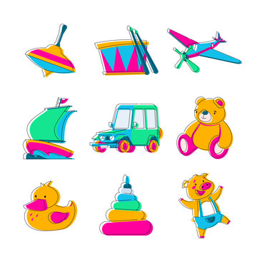 Children favorite toys - flat design style icons set