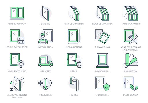 Plastic window line icons. Vector illustration include icon - double glazed, handyman, worker, measurement, installation outline pictogram for architecture. Green Color. Editable Stroke