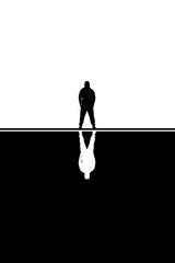 Silhouette of a person in the background, Detective. Creative, retro illustration. Man standing silhouette Mirror Reflection Shadow.