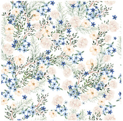 Seamless pattern with pink and blue flowers and leaves. Illustration. Vector illustration