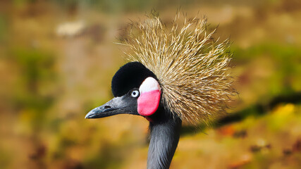 Surrey-England Sep 21, 2021: The black crowned crane is a part of the family Gruidae, along with its sister species. It is topped with its characteristic bristle-feathered golden crown