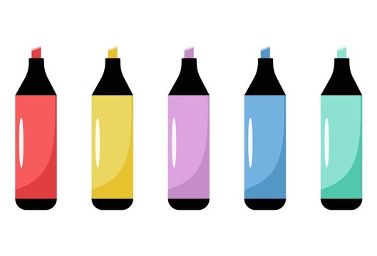 Vector set of colorful highlighter isolated on a white background. Marker pen. Colored engineering office marker vector illustration simple equipment school supplies subject secretarial tools.