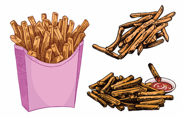 Vector  set of french fries elements on white isolated, color elements . Fatty food