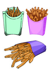 Vector  set of french fries elements on white isolated, color elements . Fatty food