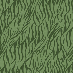 Fototapeta na wymiar Seamless animalistic camouflage pattern. Animal skin background of zebra, tiger in trendy style. Abstract khaki line texture. Modern design for textiles and fabrics, wrapping paper.
