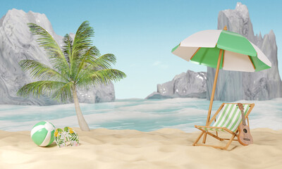 Coconut trees with beach sand on blue background. Beach umbrella with chairs summer concept. 3d rendering