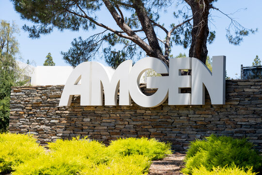  
Thousand Oaks, California, USA - July 7, 2022: Close up of Amgen sign at its headquarters in Thousand Oaks, California, USA. Amgen Inc. is an American biopharmaceutical company. 
