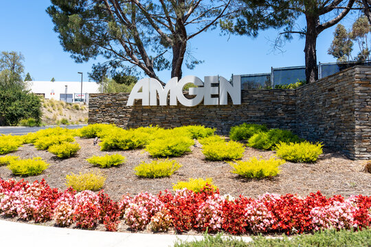 Thousand Oaks, California, USA - July 7, 2022: Amgen sign at its headquarters in Thousand Oaks, California, USA. Amgen Inc. is an American biopharmaceutical company. 