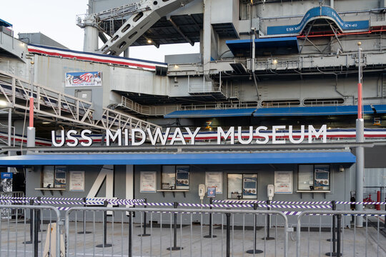 San Diego, CA, USA - July 8, 2022: USS Midway Museum  in San Diego, CA, USA. The USS Midway Museum is a historical naval aircraft carrier museum located in downtown San Diego. 