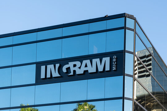 Irvine, CA, USA - July 9, 2022: INGRAM sign on the building at its headquarters in Irvine, CA, USA. Ingram Micro is an American distributor of information technology products and services. 