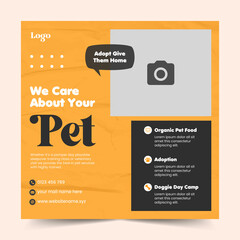 et shop social media promotion post banner template or pet care services flyer template and Pet sitting, pet adoption, animals banner, pet food and accessories, paw print pattern	
