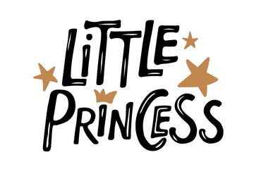 Little Princess text isolated on white background. Hand drawn sketched Text. Typography poster for birthday party, girls clothes, banner template. Royal badge, tag, icon. Kids lettering background.