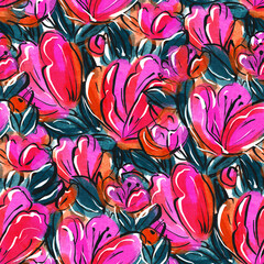 Seamless pattern with bright spring flowers