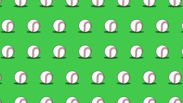 Seamless loop pattern with Baseball balls on a green background. Sport balls in seamless loop animation. Endless activity motion graphic background