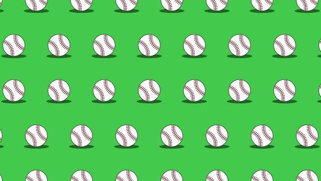 Seamless loop pattern with Baseball balls on a green background. Sport balls in seamless loop animation. Endless activity motion graphic background