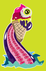 octopus holding an ice cream with a monster eye. cool and original editable vector. Print-ready for t-shirts, products, social media, etc.