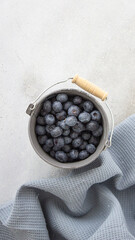metal small bucket with blueberries on a gray background
