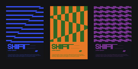 Meta modern aesthetics of swiss design poster collection layout. Brutalist-inspired vector graphics template set featuring bold typography and abstract geometric shapes, great for poster art.