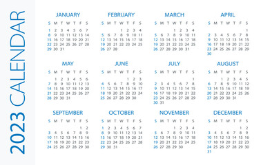 Calendar 2023 Horizontal - illustration. Week starts on Sunday