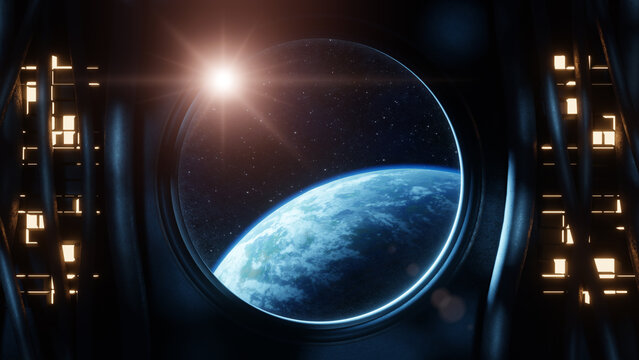 View of an Earth-like planet from a round window of a spaceship with cables and light panels. Fantasy and science fiction environment. 3D Rendering
