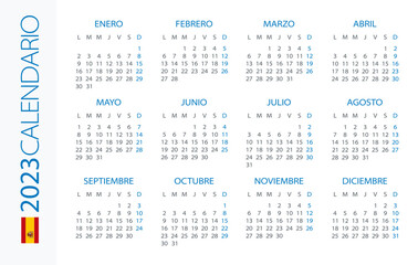 Calendar 2023 year Horizontal - vector template illustration. Spanish version