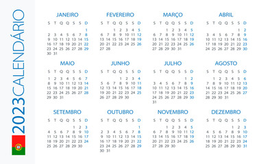 Calendar 2023 year Horizontal - vector template illustration. Portuguese version