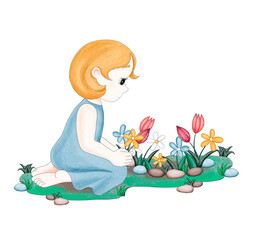 Cute little cartoon girl in a light summer dress sits on the grass in profile with flowers in her hand. There is beautiful flower bed near to her. Digital illustration in watercolor style