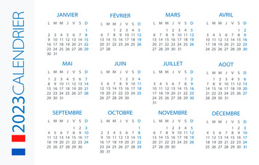 Calendar 2023 year Horizontal - vector template illustration. French version