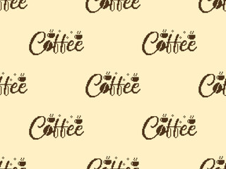 Coffee cartoon character seamless pattern on yellow background. Pixel style