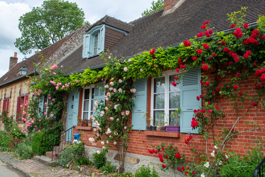 One of most beautiful french villages, Gerberoy - small historical village with half-timbered houses and colorful roses flowers, France