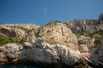Limestone cliffs near Cassis, boat excursion to Calanques national park in Provence, France