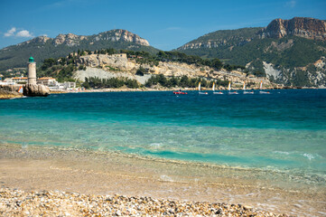 Panoramic view on cliffs, blue sea on Plage du Bestouan beach in Cassis, Provence, France