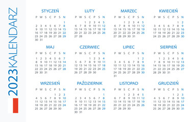 Calendar 2023 year Horizontal - vector template illustration. Polish version