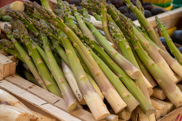 Fresh raw green asparagus vegetables for sale in Provencal farmers market in april, Cassis, France