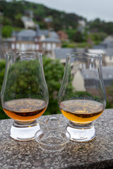 Two glasses of scotch whiskey with view on old houses on background, Edinburgh whisky tasting tour, Scotland