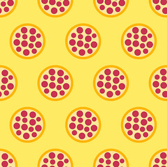 Fototapeta na wymiar Pizza seamless pattern. Pepperoni pizza icon on yellow background. Fast food icon in flat design. Modern design for print on wrapping paper, wallpaper, fabric, packing. Vector illustration