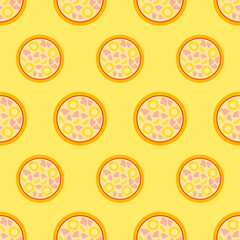Fototapeta na wymiar Pizza seamless pattern. Hawaiian pizza icon on yellow background. Fast food icon in flat design. Modern design for print on wrapping paper, wallpaper, fabric, packing. Vector illustration
