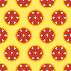 Fototapeta na wymiar Pizza seamless pattern. Colored pizza icon on yellow background . Fast food icon in flat design. Modern design for print on wrapping paper, wallpaper, fabric, packing. Vector illustration