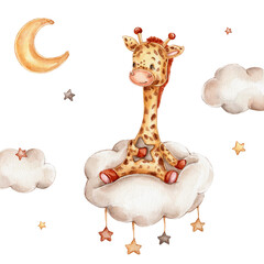 Naklejki  Cute cartoon giraffe on cloud  watercolor hand drawn illustration  with white isolated background