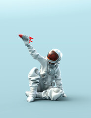 Astronaut sitting on a flying missile, 3D illustration. - 517951984