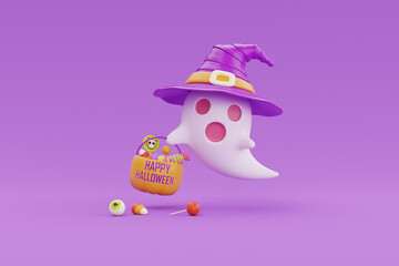 Happy Halloween with cute ghost wearing witch hat and pumpkin basket full of colorful candies and sweets on purple background, 3d rendering.