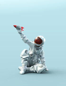 Astronaut sitting on a flying missile, 3D illustration.