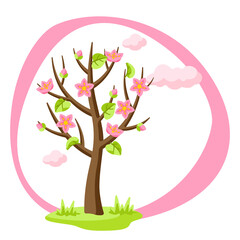 Spring tree with flowers and leaves. Seasonal illustration.